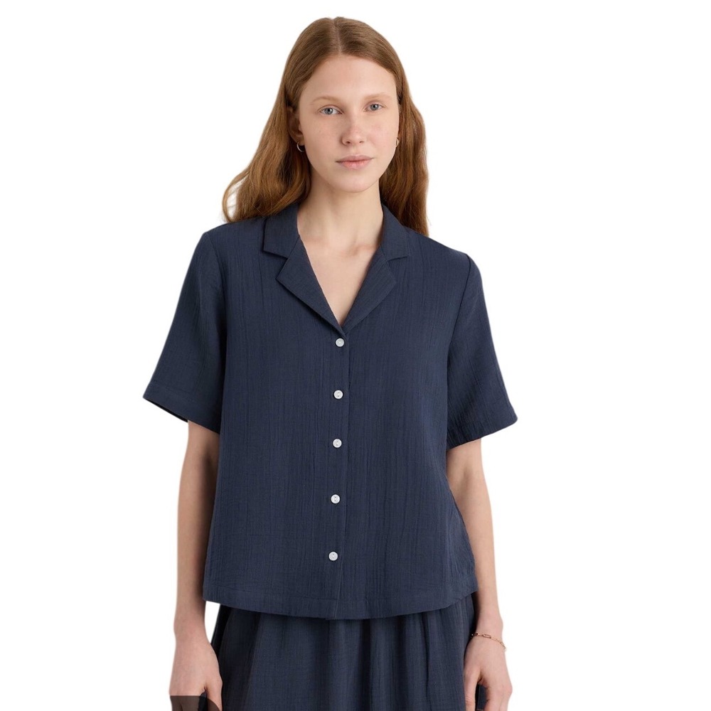 Quince Organic Cotton Gauze Short Sleeve Button Shirt Indigo Blue Size S